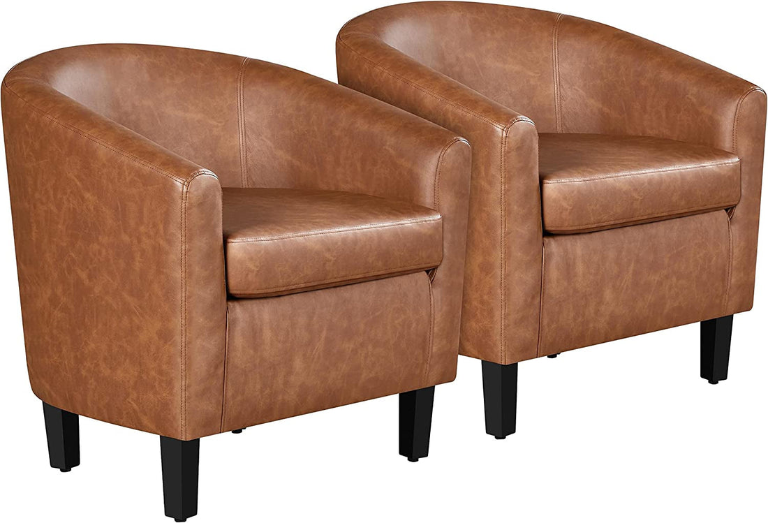 Brown Accent Chairs Set of 2, Faux Leather Barrel Chairs Comfy Club Chairs, Modern Leather Armchairs with Soft Seat for Living Room Bedroom Reading Room Waiting Room, Brown