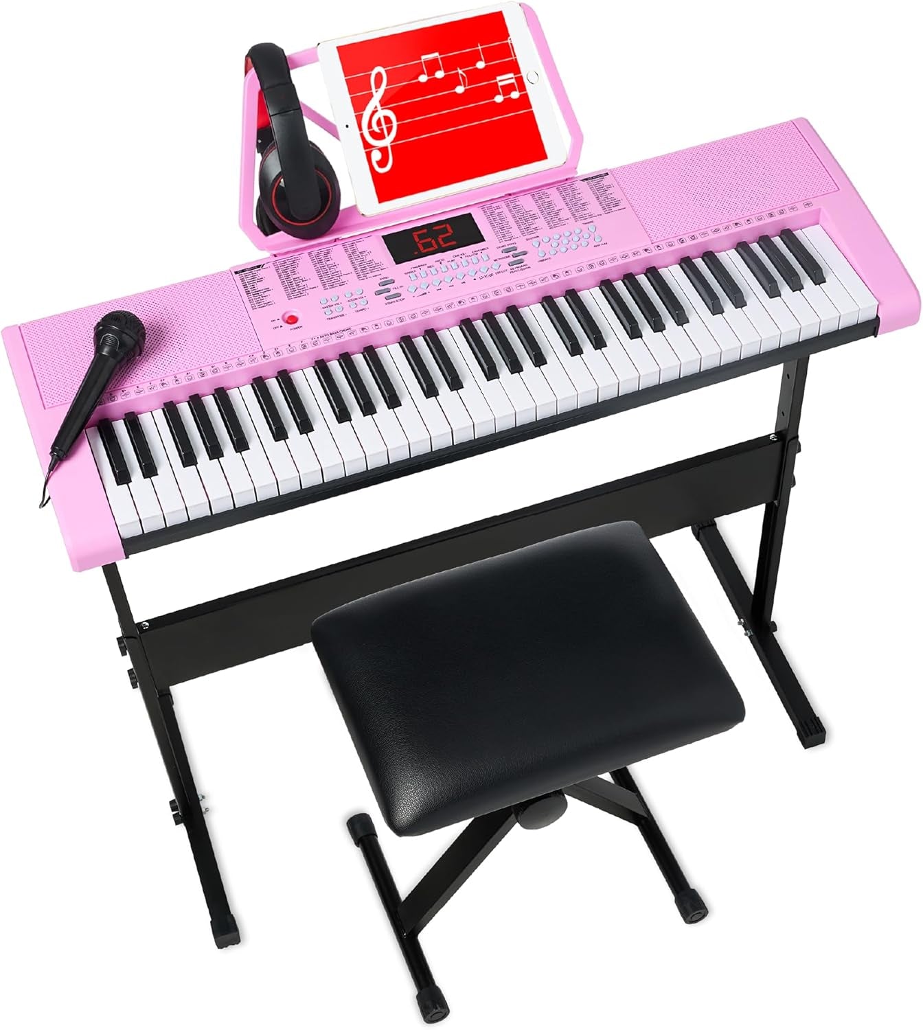 61-Key Electronic Keyboard Piano Portable Electric Keyboard Complete Beginner Set W/Led Screen, Stand, Bench, Headphones - Black