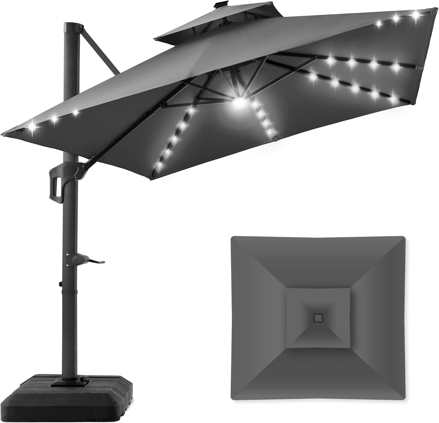 10X10Ft 2-Tier Square Cantilever Patio Umbrella with Solar LED Lights, Offset Hanging Outdoor Sun Shade for Backyard W/Included Fillable Base, 360 Rotation - Burgundy