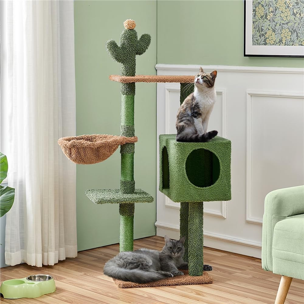 Cactus Cat Tree, 52.5In Cat Tower for Indoor Cats, Large Cat Condo Multi-Leve Scratching Post, Cat Climbing Tree with Basket, Platform, Cat Activity Center Play House Furniture, Green/Brown