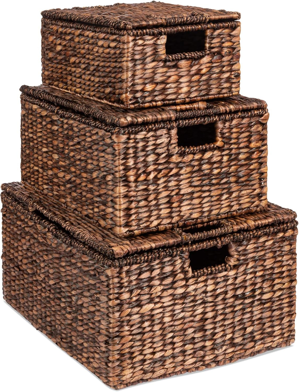 Set of 3 Large Multipurpose Hyacinth Storage Baskets, Handwoven Rectangular Organizer Totes for Bedroom, Living Room W/Insert Handles, Removable Lid - 21&quot;, 20&quot;, 18&quot;