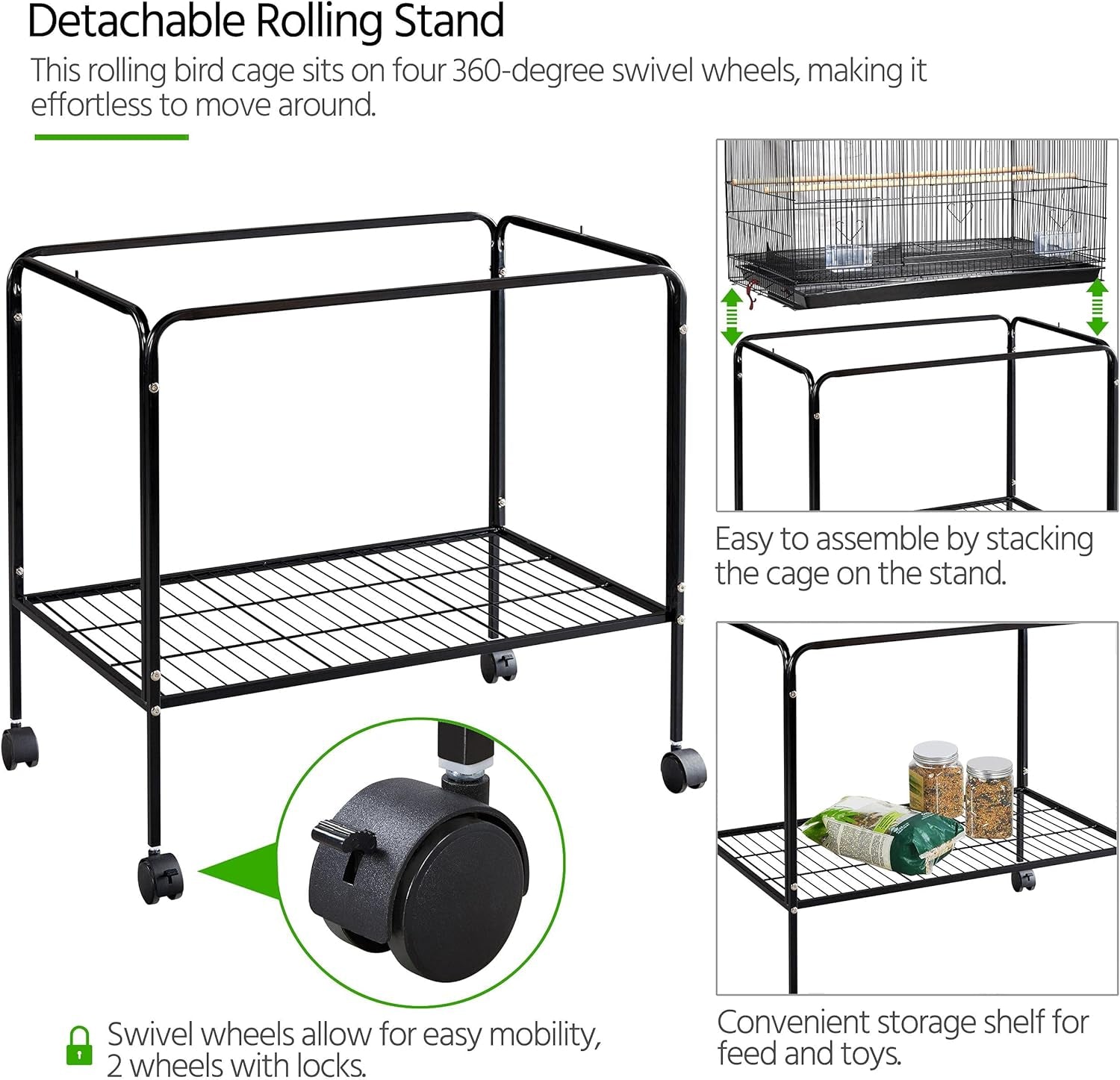 47-Inch Rolling Breeding Flight Bird Cages for Parakeets Budgies Finches Cockatiels Conures Lovebirds Canaries Parrots W/Detachable Stand, Black