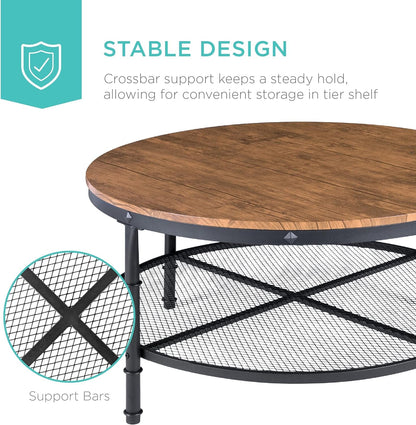 2-Tier 35.5In round Industrial Coffee Table, Rustic Steel Accent Table for Living Room, W/Wooden Tabletop, Reinforced Crossbars, Padded Feet, Open Shelf, Raised Bottom - Brown