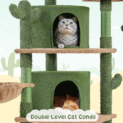 Cactus Cat Tree, 66In Cat Tower for Indoor Cats, Multi-Level Cat Tree with Large Condos &amp; Ramp, Pet Play House with Padded Perch, Platforms, Basket &amp; Hanging Ball, Green/Brown