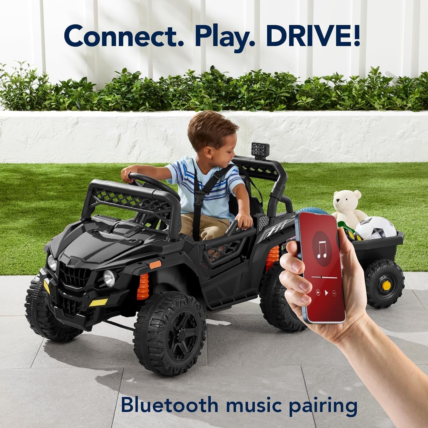 Kids 12V Electric Ride on UTV Car and Trailer W/Parent Control, LED Lights, 2 Speeds, Bluetooth - Black