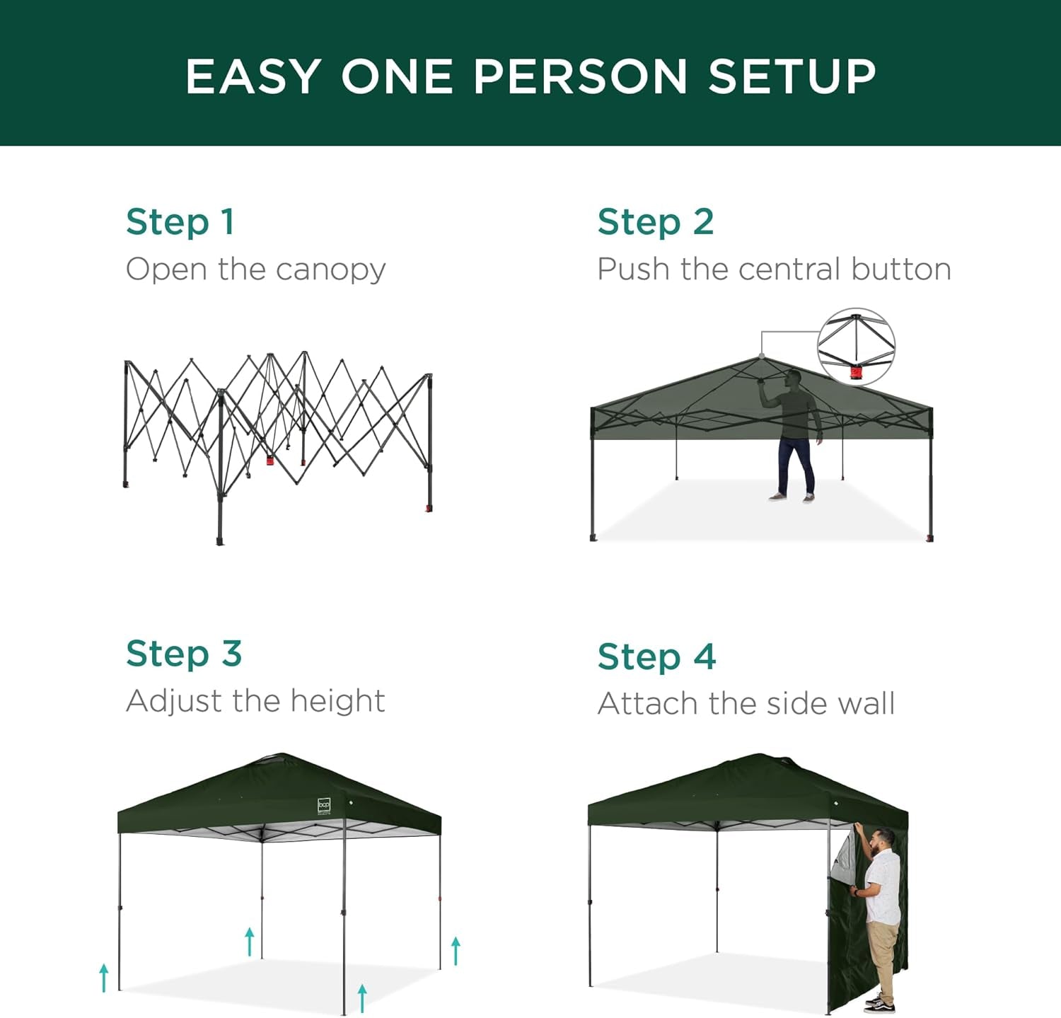 10X10Ft Easy Pop up Canopy W/Side Wall, 10 Pockets, Portable Carrying Case, 1-Button Setup, 4 Weight Bags - Dark Green