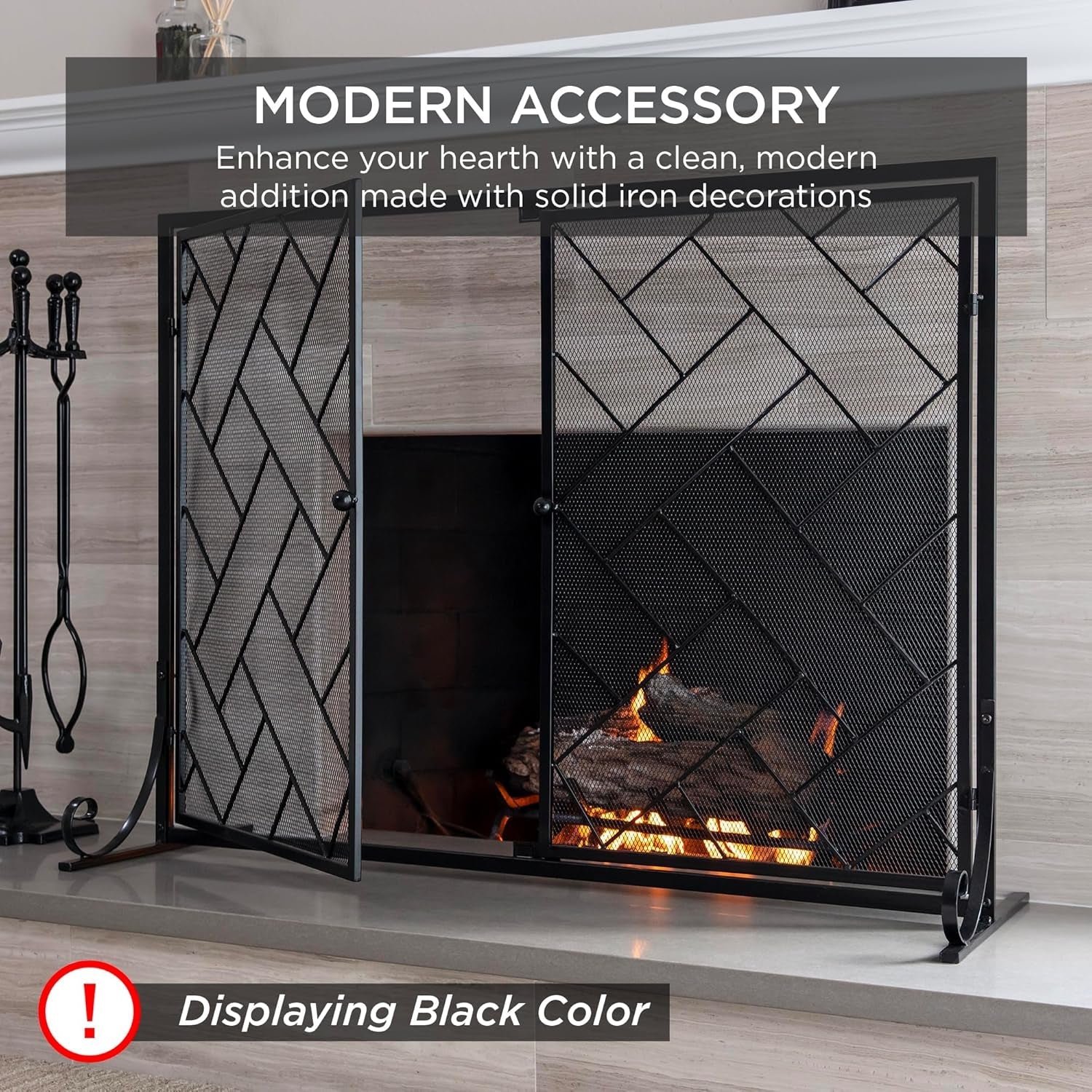 44X33In 2-Panel Handcrafted Wrought Iron Decorative Mesh Geometric Fireplace Screen, Fire Spark Guard W/Magnetic Doors - Gold