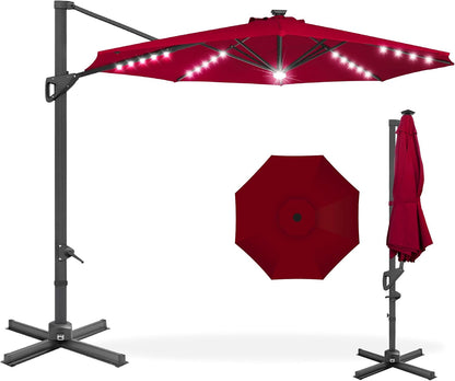 10Ft Solar LED Cantilever Patio Umbrella, 360-Degree Rotation Hanging Offset Market Outdoor Sun Shade for Backyard, Deck, Poolside W/Lights, Easy Tilt, Cross Base