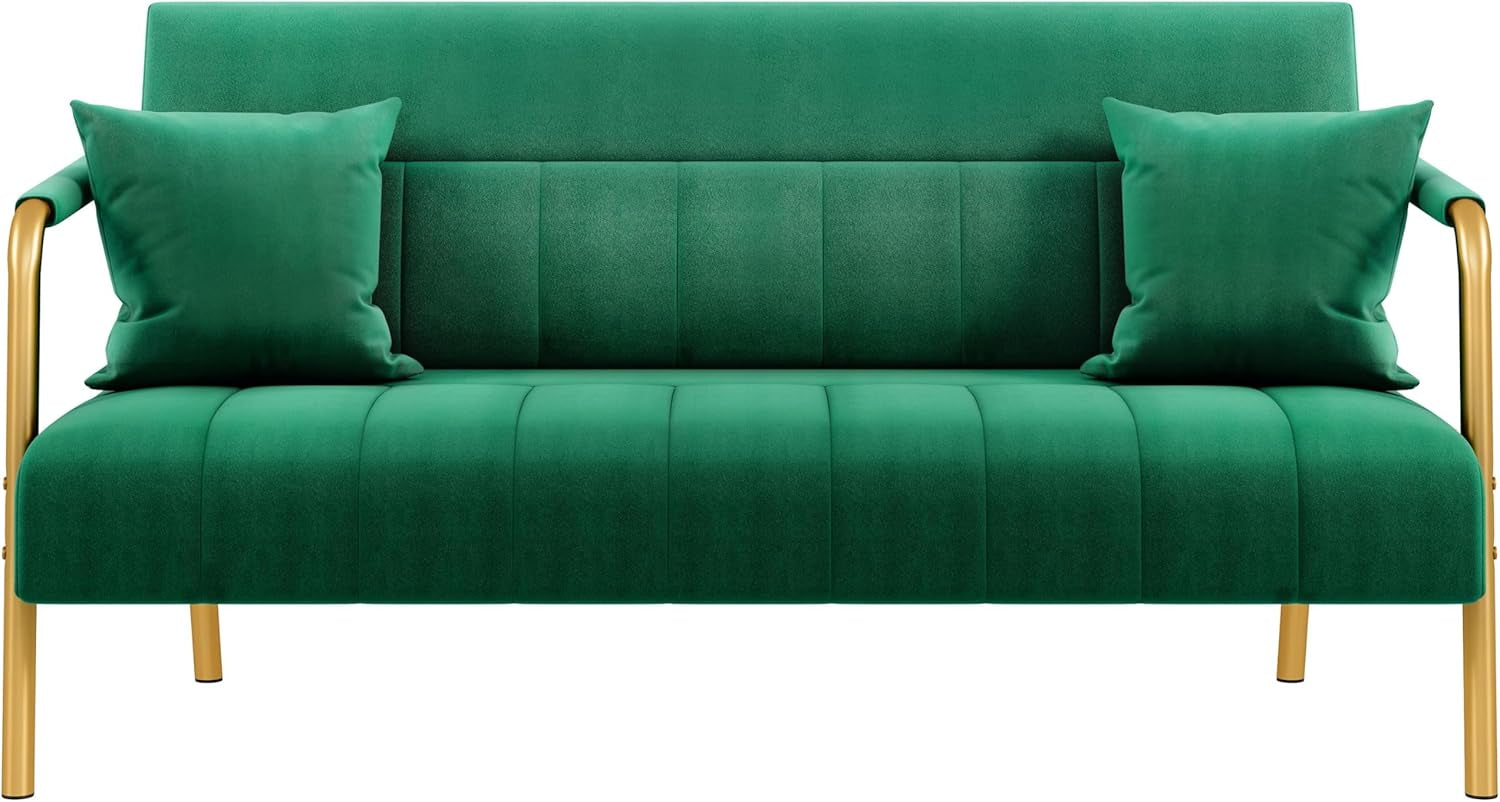 56.5&quot; W Modern Sofa Small Sofa Luxurious Velvet Fabric Couch with Gold-Tone Metal Arms and Legs for Living Room, Home Office, Studio Green