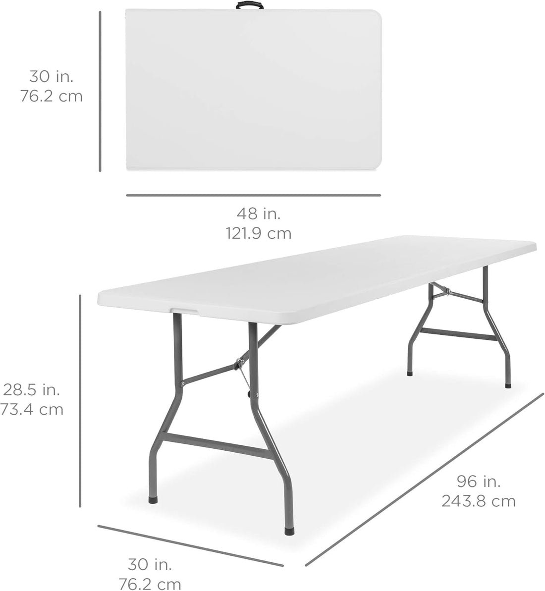 8Ft Plastic Folding Table, Indoor Outdoor Heavy Duty Portable W/Handle, Lock for Picnic, Party, Pong, Camping - White