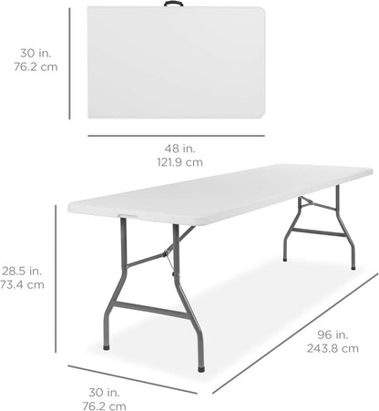 8Ft Plastic Folding Table, Indoor Outdoor Heavy Duty Portable W/Handle, Lock for Picnic, Party, Pong, Camping - White