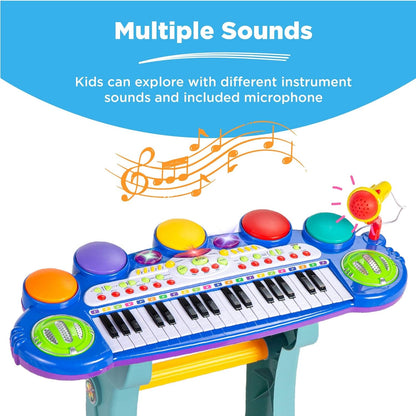 37-Key Kids Electronic Musical Instrument Piano Learning Toy Keyboard W/Multiple Sounds, Lights, Microphone, Stool - Blue