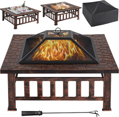 Multifunctional Fire Pit Table 32In Square Metal Firepit Stove Backyard Patio Garden Fireplace for Camping, Outdoor Heating, Bonfire and Picnic