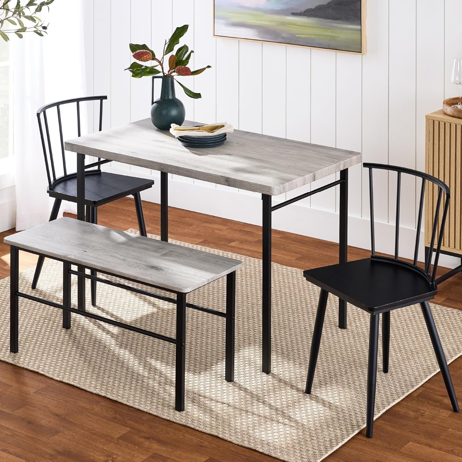 4-Piece Farmhouse Dining Kitchen Table Set, Space Saving Wooden Dinette W/ 2 Black Spindle Back Chairs, Bench - Dark Brown