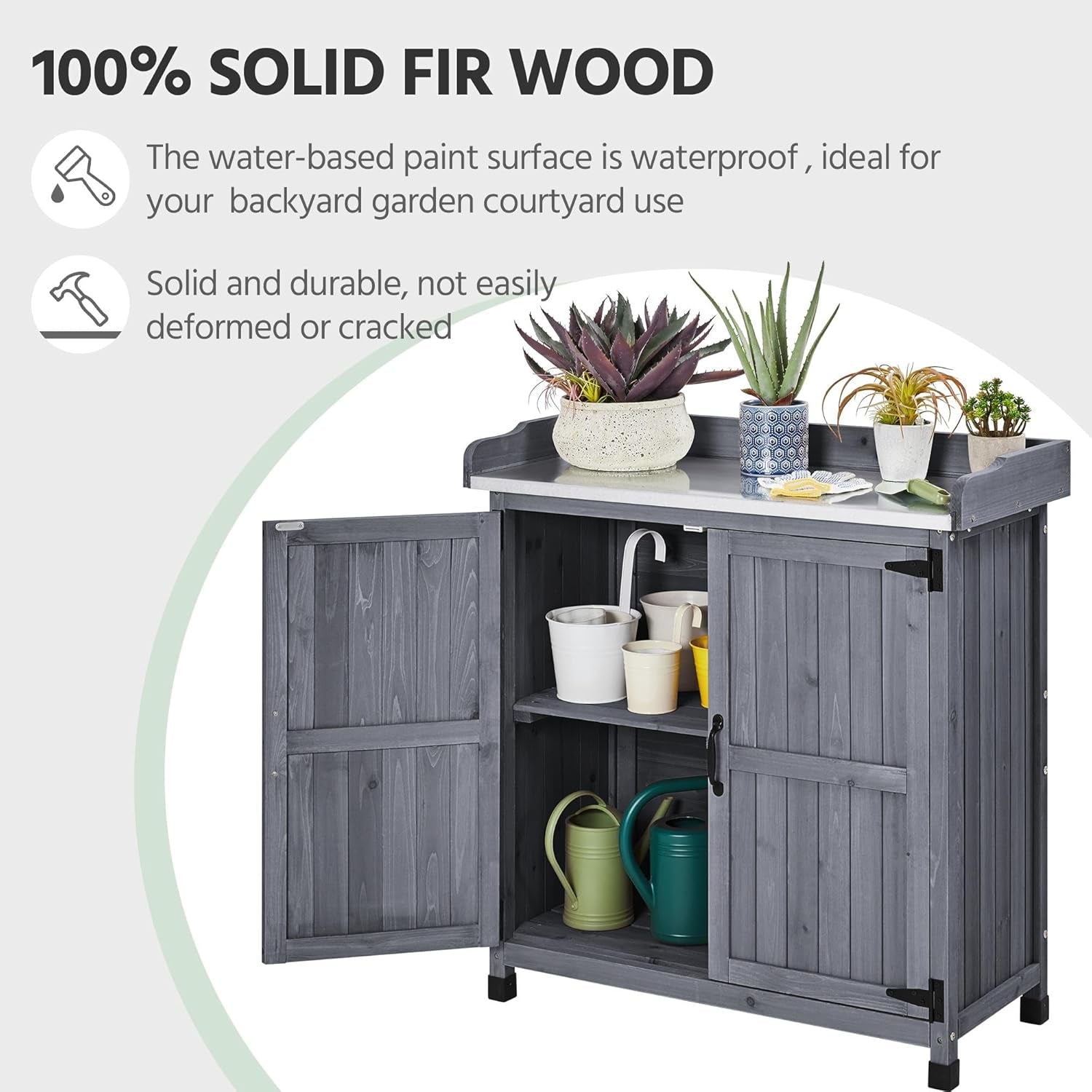 Garden Potting Bench Table, Outdoor Garden Horticultural Wooden Storage Cabinet &amp; Solid Wood Planting Work Bench with Large Space Storage &amp; Metal-Plated Tabletop, Gray