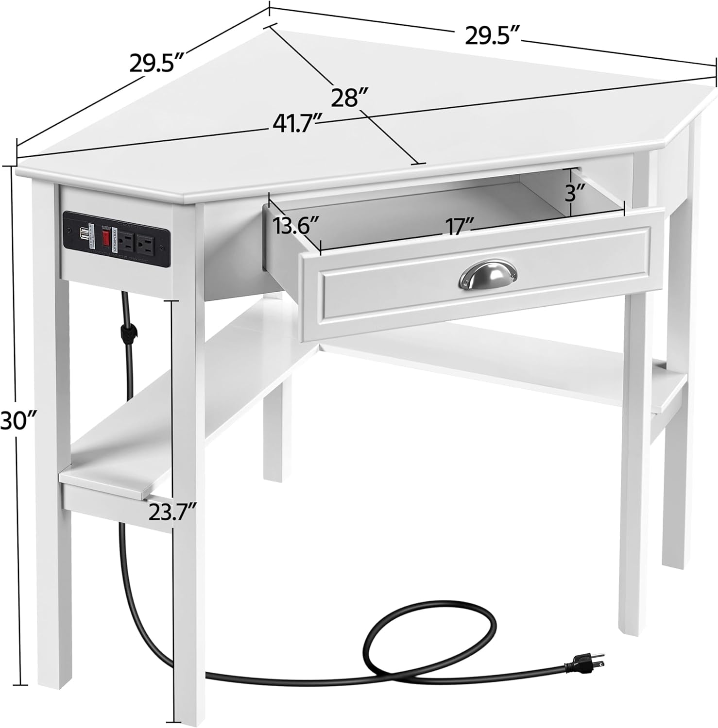 L Shaped Corner Computer Desk with Power Outlets, Reversible Triangle Workstation with USB Ports and Hook for Small Space, Modern Home Office Desk Gaming Table with Drawer &amp; Shelf, White