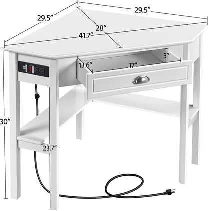 L Shaped Corner Computer Desk with Power Outlets, Reversible Triangle Workstation with USB Ports and Hook for Small Space, Modern Home Office Desk Gaming Table with Drawer &amp; Shelf, White