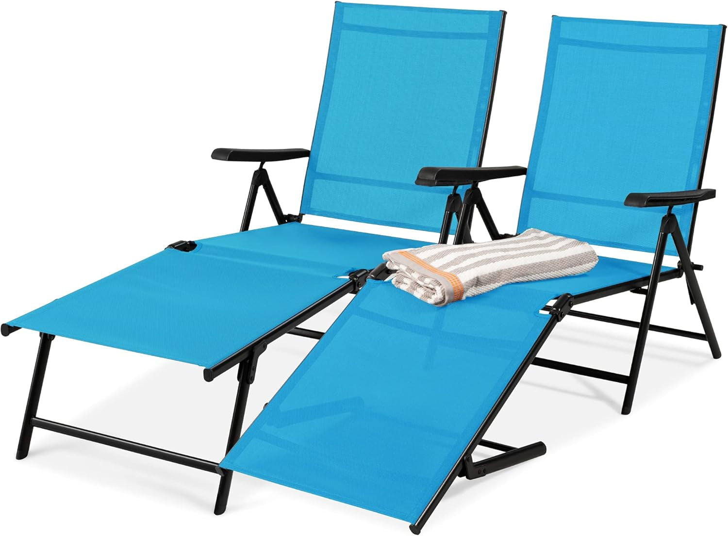 Set of 2 Outdoor Patio Chaise Lounge Chair Adjustable Reclining Folding Pool Lounger for Poolside, Deck, Backyard W/Steel Frame, 250Lb Weight Capacity - Brown