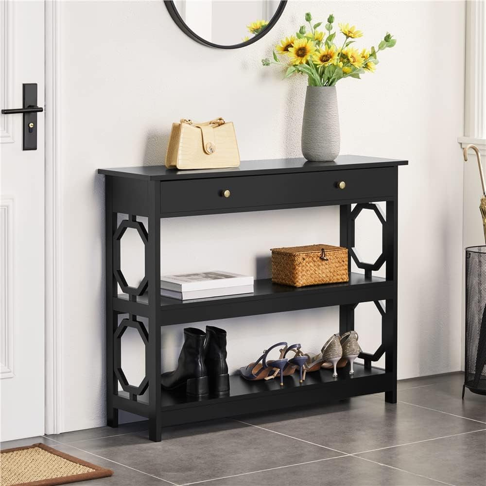 3-Tier Console Table with Drawer and Storage Shelves, 39&quot; Sofa Table Wood Entryway Table for Living Room/Entryway/Hallway/Corridor, Black,Geometric Side Design