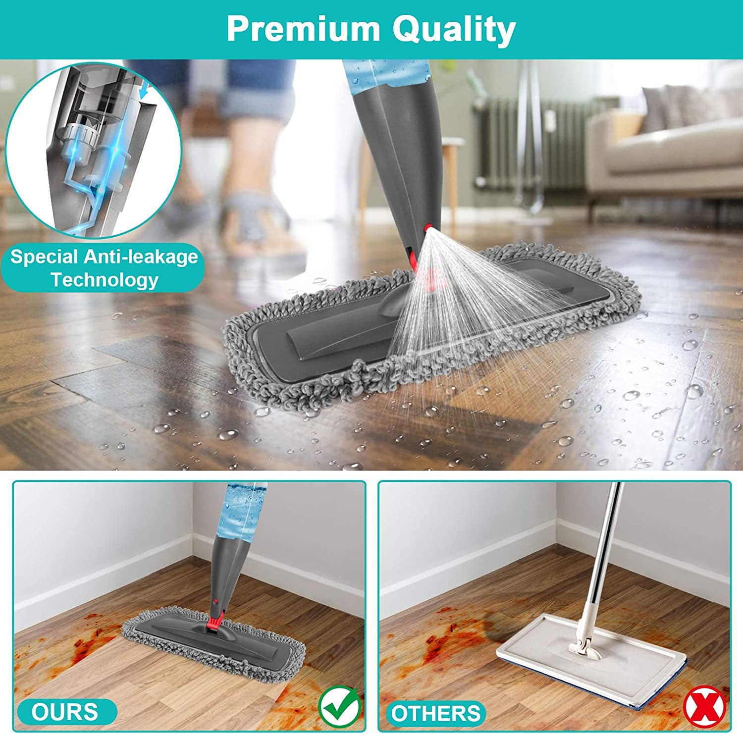 Spray Mop for Floor Cleaning with 3Pcs Washable Pads - Wet Dry Microfiber Mop with 800 Ml Refillable Bottle for Kitchen Wood Floor Hardwood Laminate Ceramic Tiles Floor Dust Cleaning