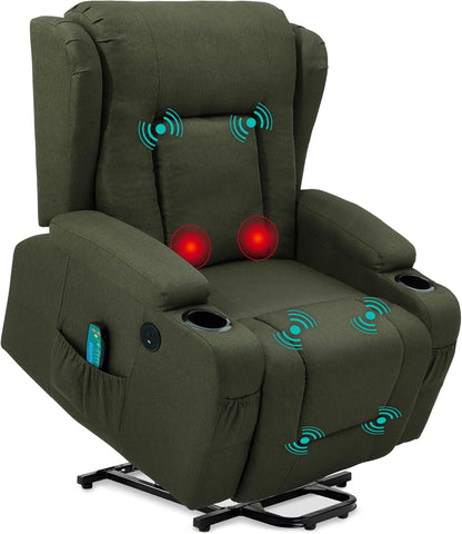 Modern Linen Electric Power Lift Chair, Recliner Massage Chair, Adjustable Furniture for Back, Legs W/ 3 Positions, USB Port, Heat, Cupholders, Easy-To-Reach Button - Gray