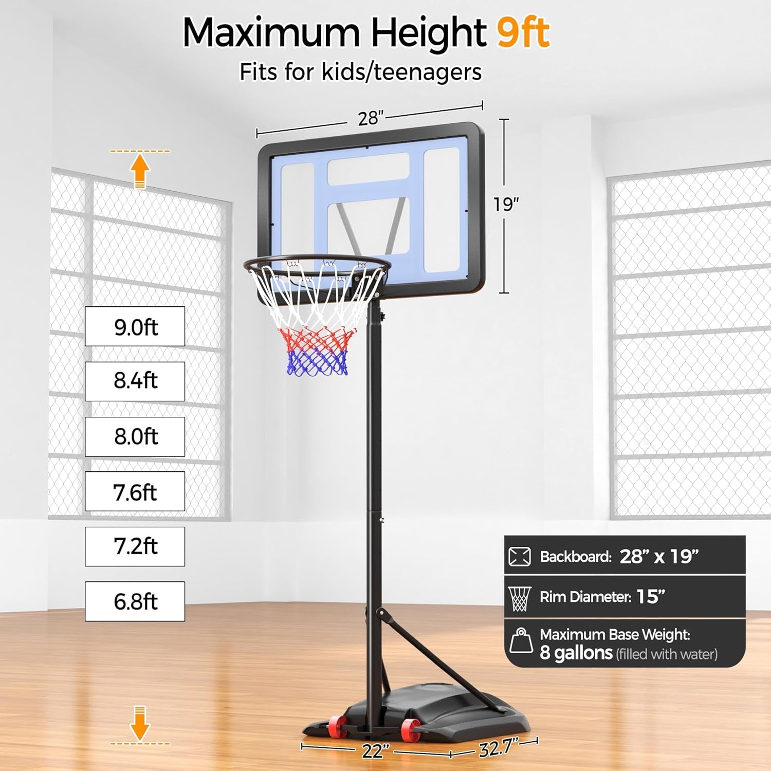 Kids Basketball Hoop Outdoor Portable Basketball Hoop Goal for Kids Youth &amp; Adults Basketball Court 6.8-9Ft Height Adjustable, 28&