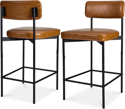 Set of 2 Faux Leather Bar Stools, Armless Counter Height for Kitchen Island, Home, Dining W/Metal Frame - Camel Brown