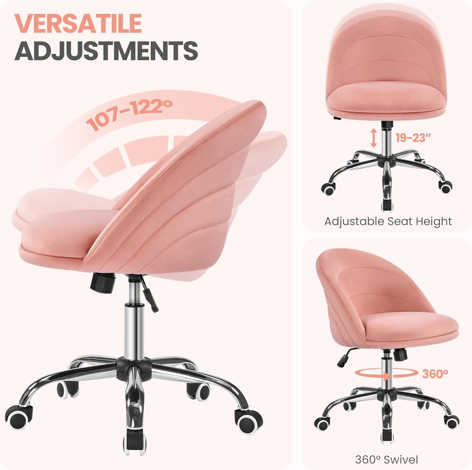 Velvet Cute Desk Chair Armless Office Chair Swivel Vanity Chair with Wheels Adjustable Comfy Desk Chair Soft Rocking Chair for Home Office, Living Room Pink