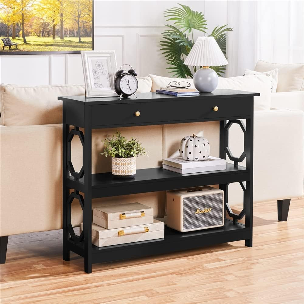 3-Tier Console Table with Drawer and Storage Shelves, 39&quot; Sofa Table Wood Entryway Table for Living Room/Entryway/Hallway/Corridor, Black,Geometric Side Design