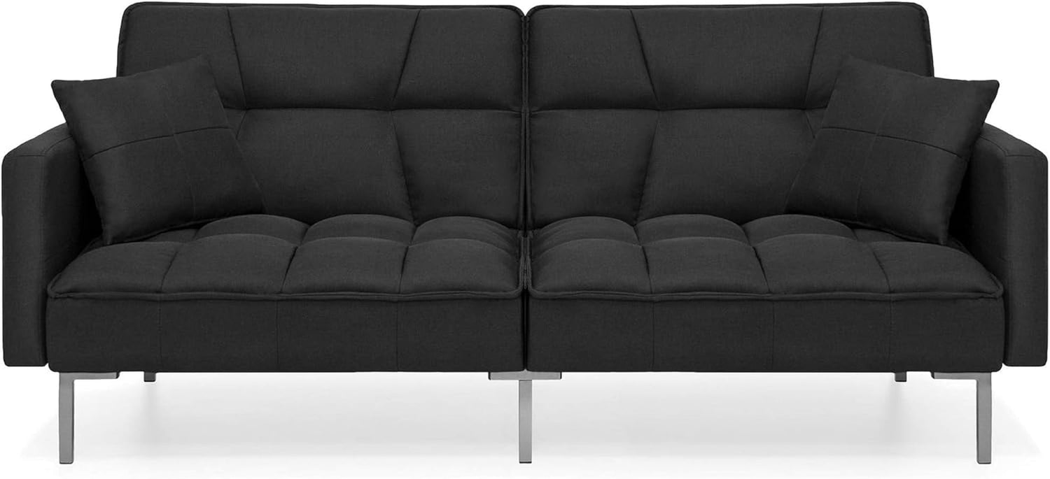 Convertible Linen Fabric Tufted Split-Back Plush Futon Sofa Furniture for Living Room, Apartment, Bonus Room, Overnight Guests W/ 2 Pillows, Wood Frame, Metal Legs - Black