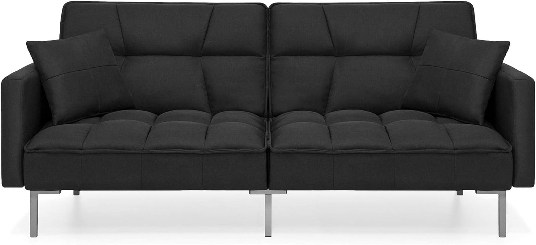 Convertible Linen Fabric Tufted Split-Back Plush Futon Sofa Furniture for Living Room, Apartment, Bonus Room, Overnight Guests W/ 2 Pillows, Wood Frame, Metal Legs - Black