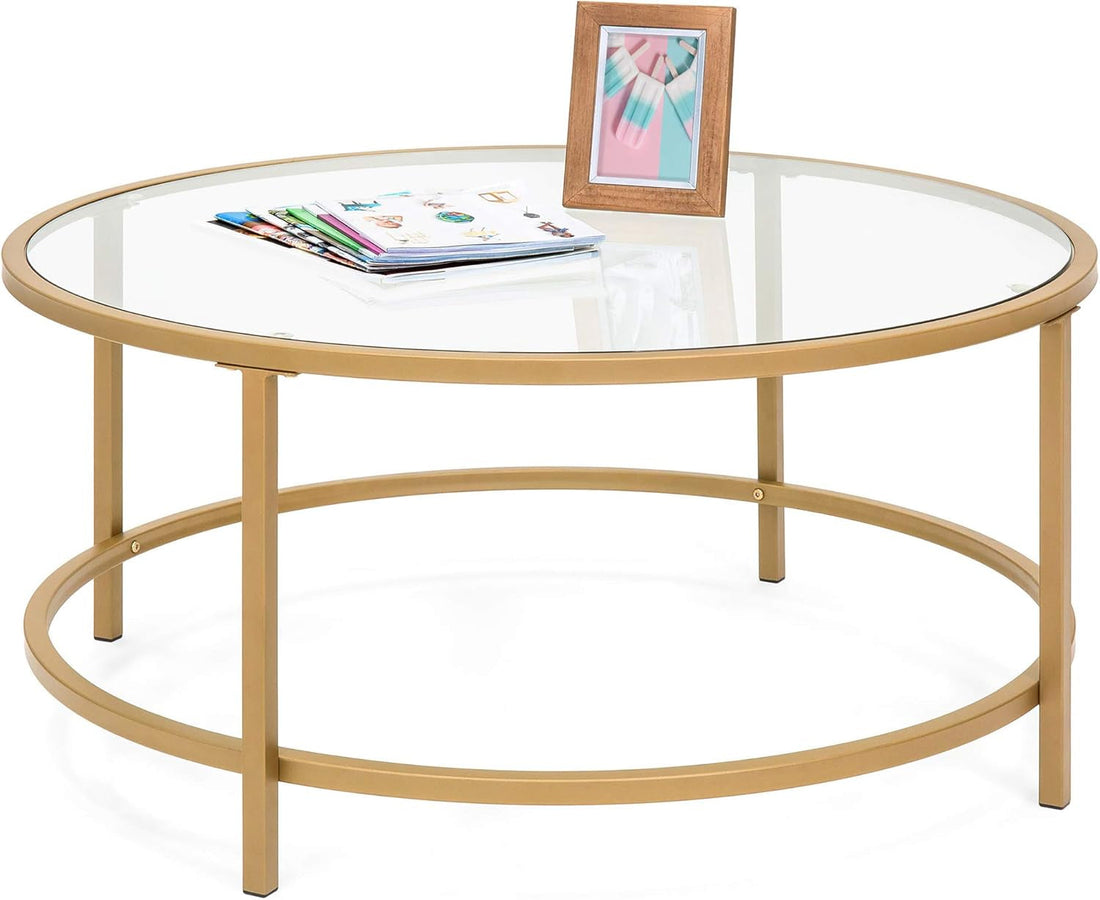 36In Modern round Tempered Glass Accent Side Coffee Table for Living Room, Dining Room, Tea, Home Décor W/Satin Trim, Metal Frame, Non-Marring Foot Caps - Bronze Gold