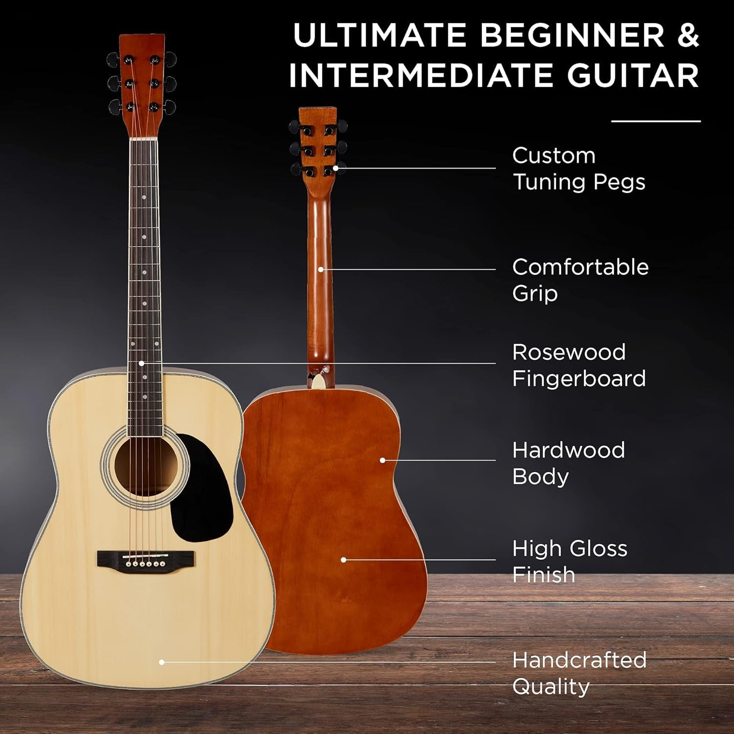 41In Full Size Beginner All Wood Acoustic Guitar Starter Set W/Case, Strap, Capo, Strings, Picks - Natural