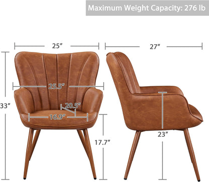 PU Leather Armchair, Modern Accent Chair with Metal Legs, Comfy Upholstered Barrel Chair for Living Room Bedroom Vanity Room, Brown