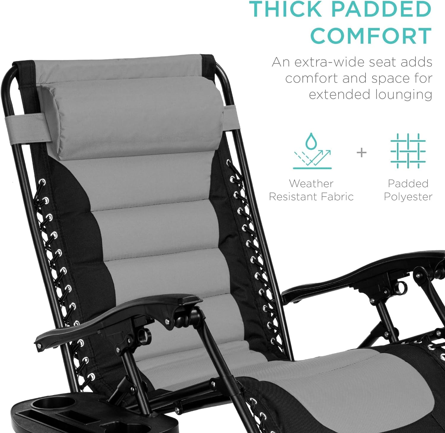 Oversized Padded Zero Gravity Chair, Folding Outdoor Patio Recliner, XL anti Gravity Lounger for Backyard W/Headrest, Cup Holder, Side Tray, Polyester Mesh - Black/Gray