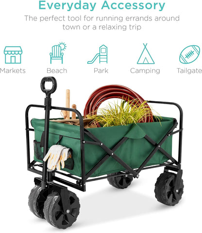 36In Collapsible Folding Utility Wagon, Multipurpose Indoor Outdoor Mobile Cart for Garden, Beach, Park, Shopping W/ 360-Degree Wheels, Adjustable Handle, 150Lb Capacity - Green