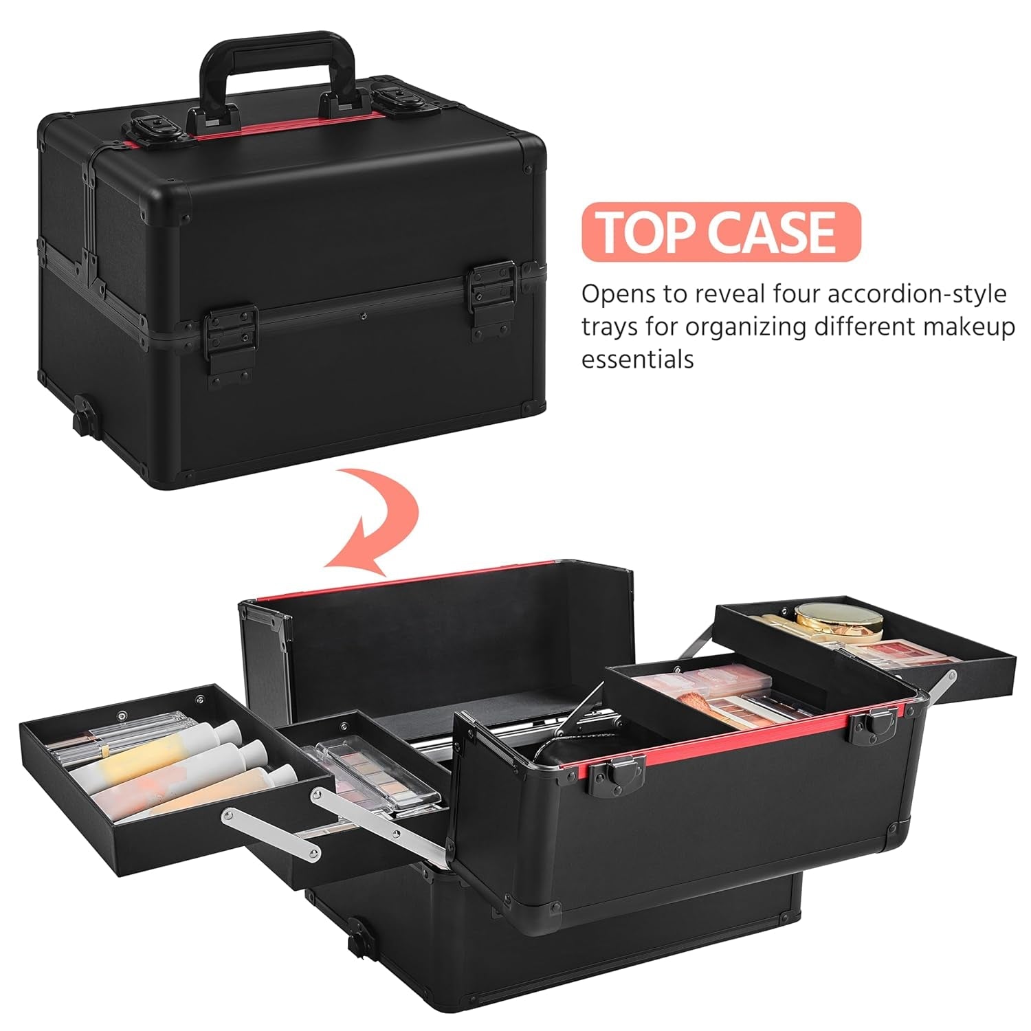 4 in 1 Professional Makeup Train Case Aluminum Cosmetic Case Rolling Makeup Case Extra Large Trolley Makeup Travel Organizer, with 360° Swivel Wheels, Black