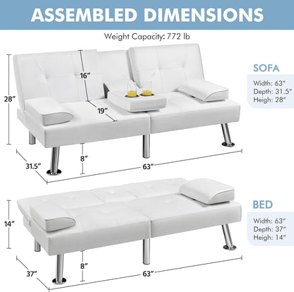 Convertible Sofa Bed Adjustable Couch Sleeper Modern Faux Leather Home Recliner Reversible Loveseat Folding Daybed Guest Bed, Removable Armrests, Cup Holders, 3 Angles, 772Lb Capacity, White