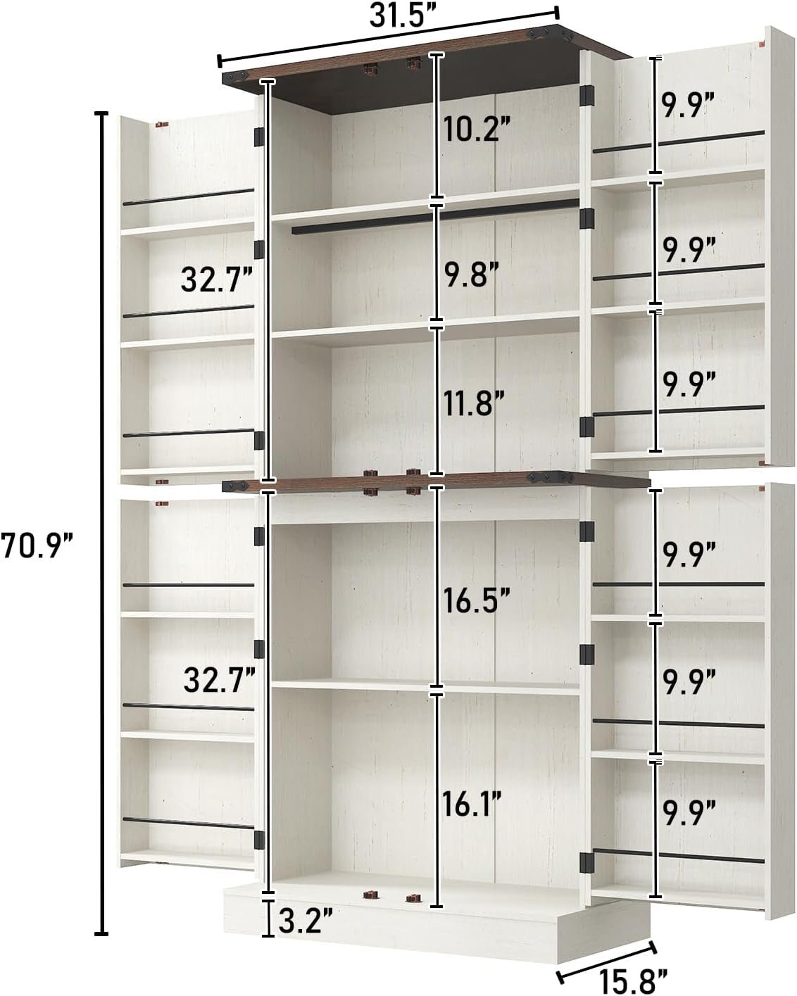 Farmhouse Kitchen Pantry Cabinet, 71&quot; Tall Storage Cabinet with Adjustable Shelves &amp; 4 Barn Doors &amp; Drawer, Rustic Wood Cupboard for Kitchen, Dining Room, Living Room, White