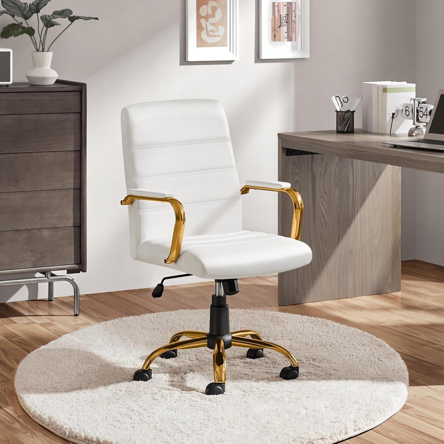 Mid-Back Office Chair PU Leather Desk Chair Adjustable Executive Task Chair W/Lumber Support Gold Leg White Seat