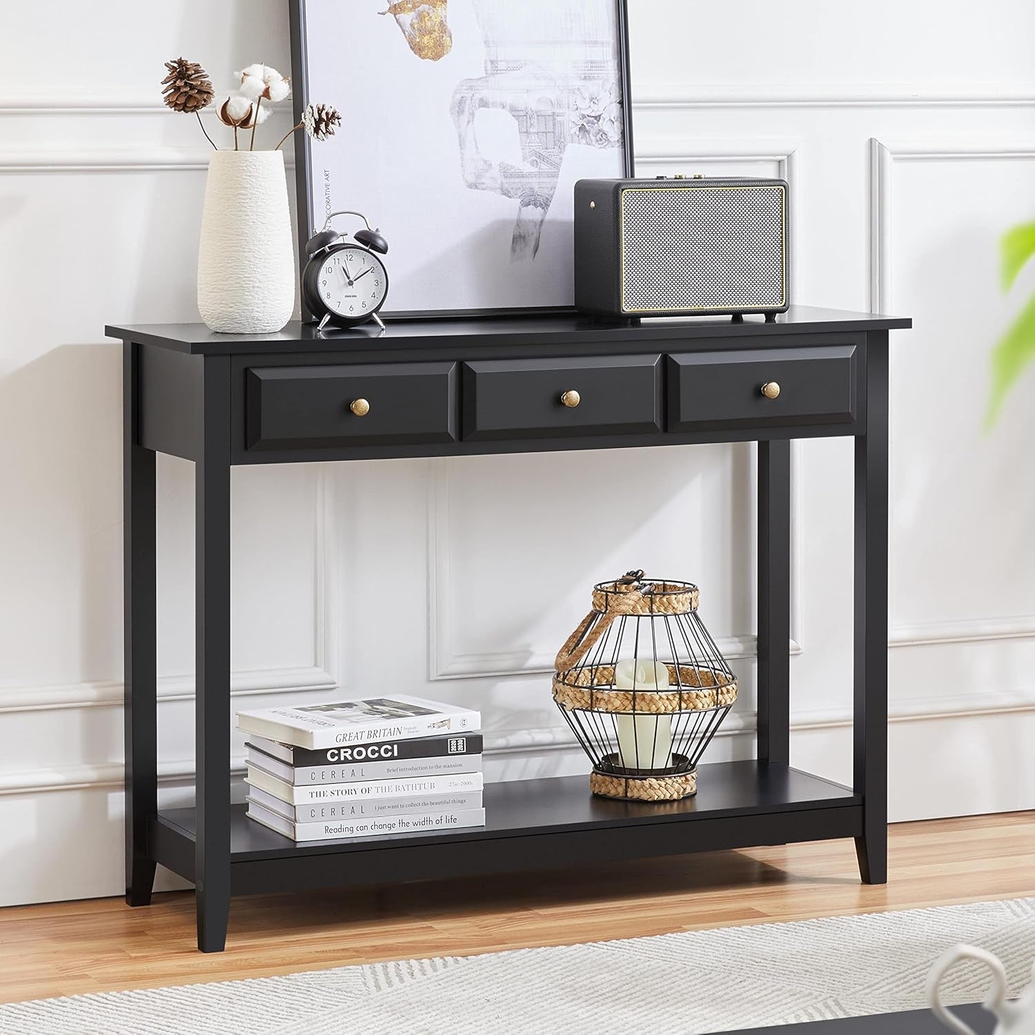 Console Table with 3 Drawers, Wood Entryway Table with Storage Shelf, Sofa Table Narrow Long for Living Room, Entryway, Hallway, Foyer, Black