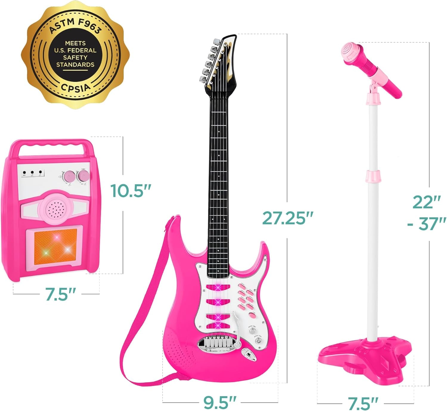 Kids Electric Musical Guitar Play Set, Toy Guitar Starter Kit Bundle W/ 6 Demo Songs, Whammy Bar, Microphone, Amp, AUX, 2 Sticker Sheets - Pink