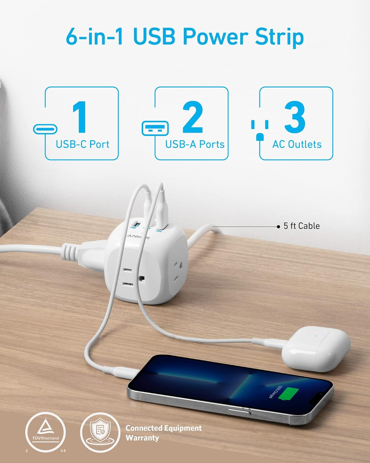 20W USB C Power Strip, 321 Power Strip with 3 Outlets and USB C Charging for Iphone 15/15 Plus/15 Pro/15 Pro Max, 5 Ft Extension Cord, Power Delivery Charging for Dorm Rooms,Home Office