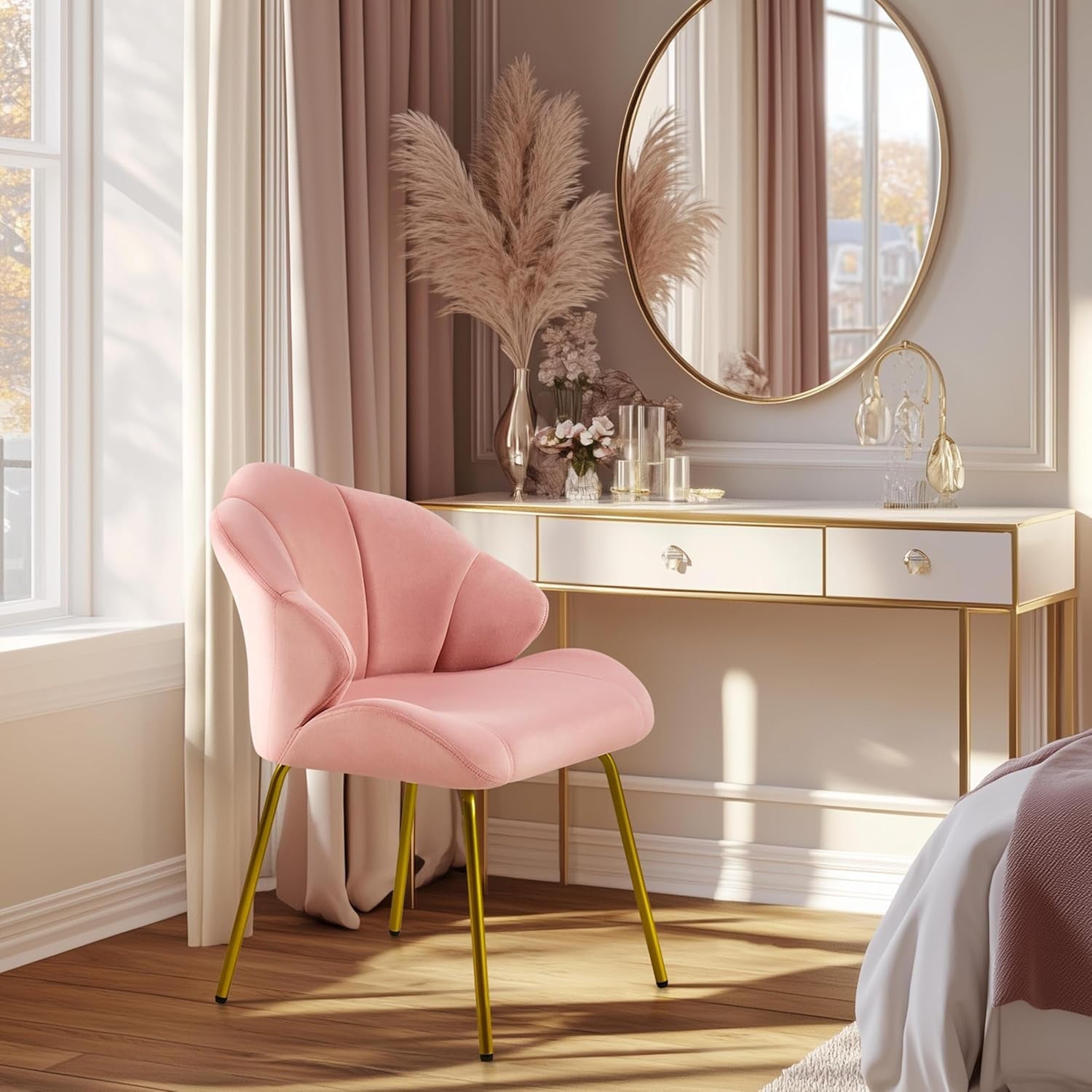 Velvet Accent Chair, Cute Vanity Chair with Shell-Shaped Backrest, Modern Armchair Side Chair with Golden Legs for Living Room/Bedroom/Home Office/Makeup, Pink