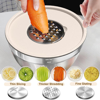 Mixing Bowls with Airtight Lids Set, 8PCS Stainless Steel Khaki Nesting Bowls with Grater Attachments, Kitchen Bowls with Non-Slip Bottoms, Size 5, 4, 3.5, 2, 1.5QT for Mixing &amp; Serving