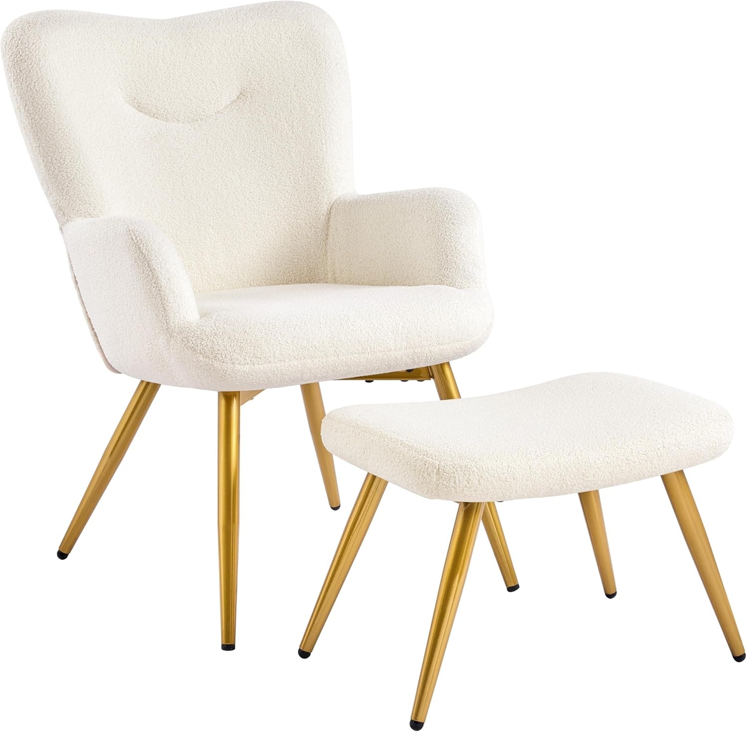 Boucle Accent Chair and Ottoman Set, Sherpa Armchair with Golden Metal Legs, High Back Reading Chair and Footstool for Living Room, Bedroom, Lounge, Ivory