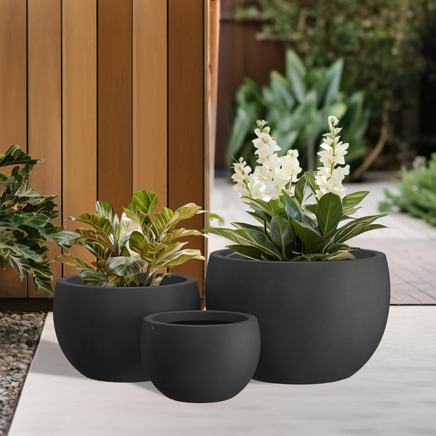 19.9&quot;,15.7&quot;,11.8&quot; Dia round Concrete Planter Set of 3, Outdoor/Indoor Large Bowl Plant Pots with Drainage Hole and Rubber Plug for Garden Patio Balcony Home, Black