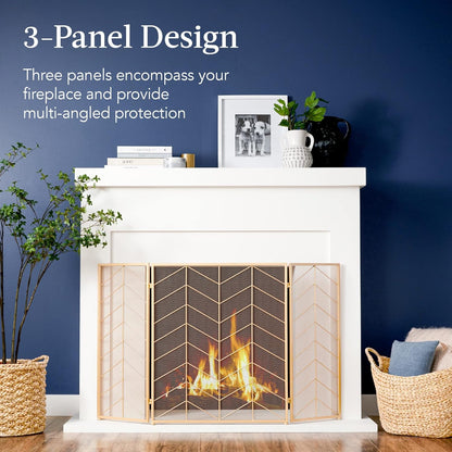 52X31In 3 Panel Chevron Fireplace Screen, Mid Century Modern Wrought Iron Hand Crafted Fire Place Guard for Living Room Home Decor, Steel Mesh - Gold