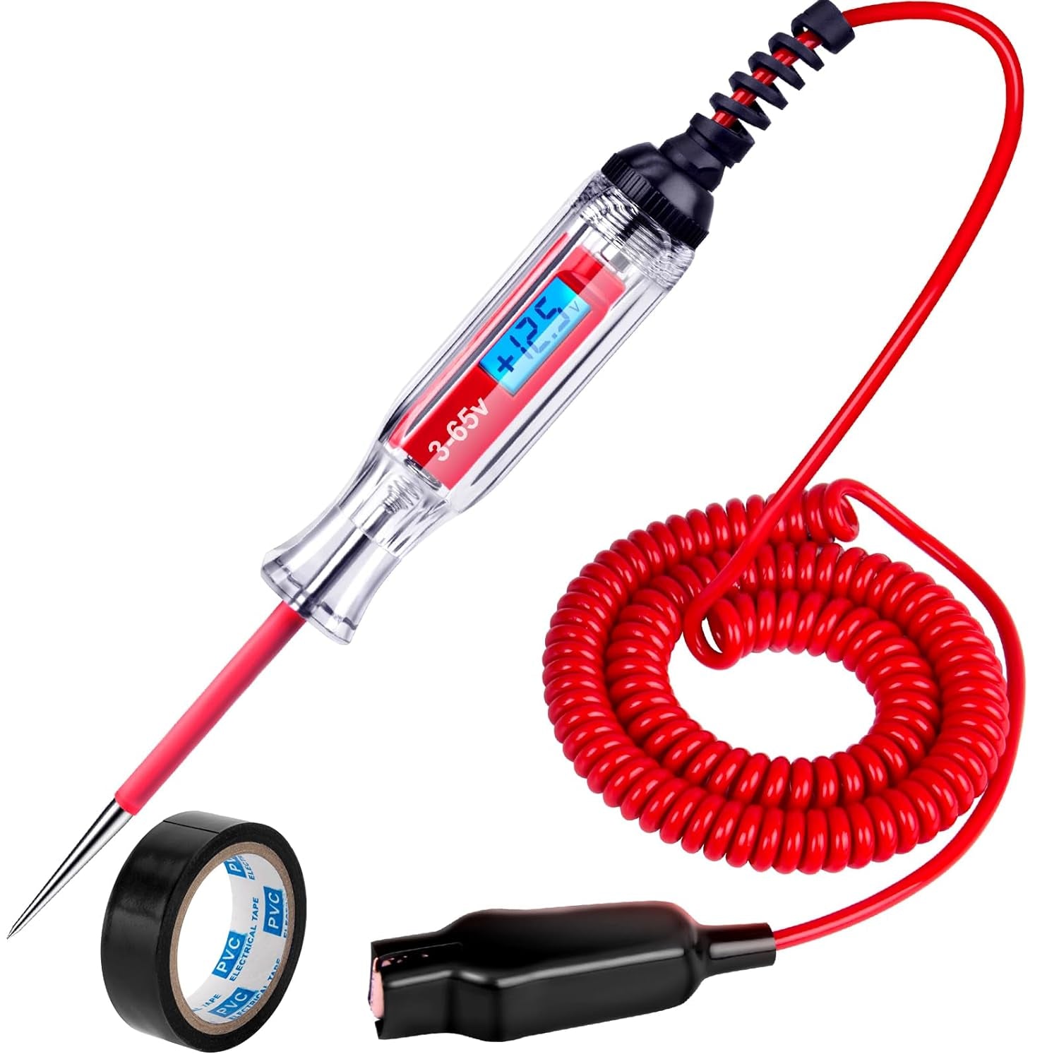 Heavy Duty 3-65V Backlit Digital LCD Circuit Tester, Test Light with 140 Inch Extended Spring Wire, Car Truck Low Voltage &amp; Light Tester with Stainless Probe