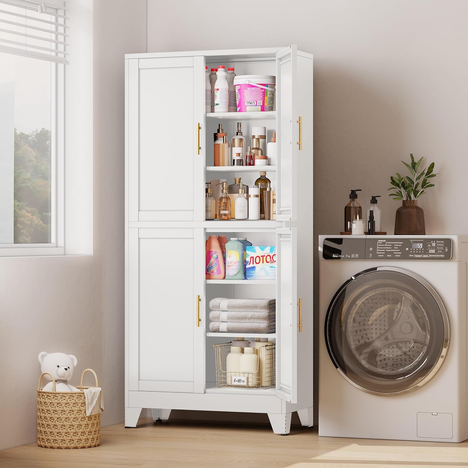 75&quot; H White Metal Bathroom Storage Cabinet, Kitchen Pantry Cabinet with Doors and 3 Adjustable Shelves, Freestanding Cupboard, Steel File Cabinet for Home Office, Bedroom